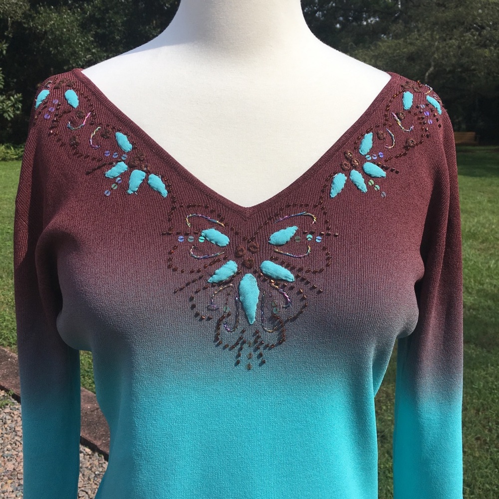 Silk Wine & Aqua Top by Christine Phillipe L NWOT